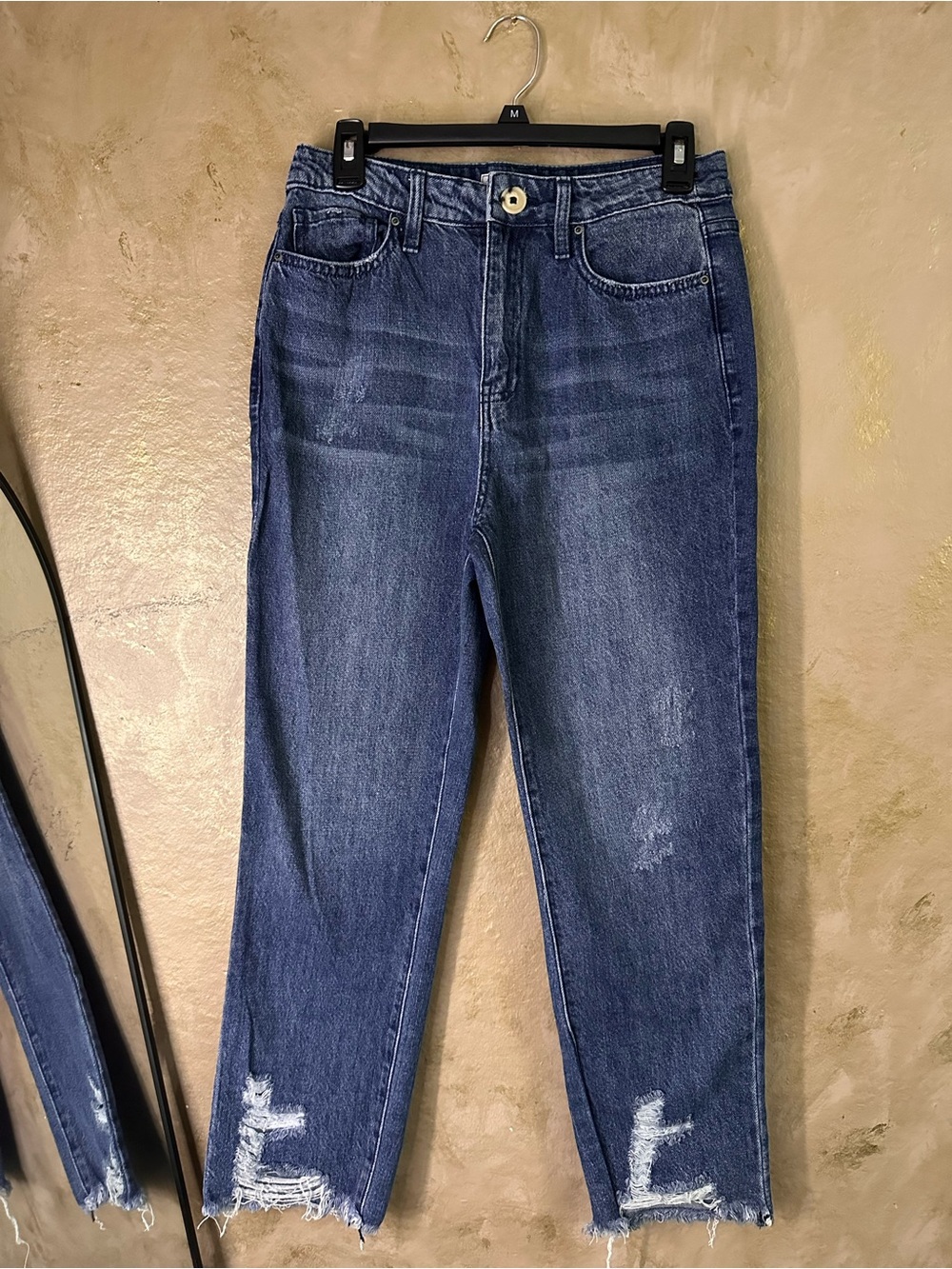YMI Dark Blue Cropped High-Rise Jeans with Distressed Hem